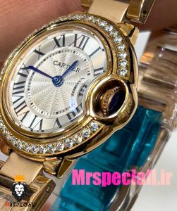 ساعت زنانه کارتیه مدل بالن بلو بند استیل رزگلد صفحه سفید قاب نگین cartier ballon bleu 020909 