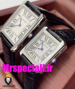 ساعت ست مردانه و زنانه کارتیه مدل تانک بند چرم مشکی صفحه سفید Cartier Tank 020658 