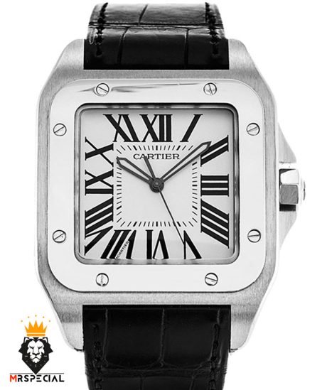 ساعت مردانه کارتیه سانتوس کوارتز بند چرم صفحه سفید 02094 Cartier Santos100