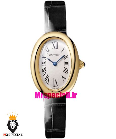 ساعت کارتیه زنانه مدل بایگنور بند چرم طلایی صفحه سفید 021522 Cartier Baignoire