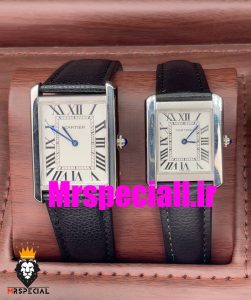 ساعت ست مردانه و زنانه کارتیه مدل تانک بند چرم مشکی صفحه سفید Cartier Tank 020659