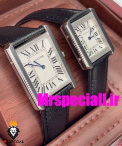 ساعت ست مردانه و زنانه کارتیه مدل تانک بند چرم مشکی صفحه سفید Cartier Tank 020659