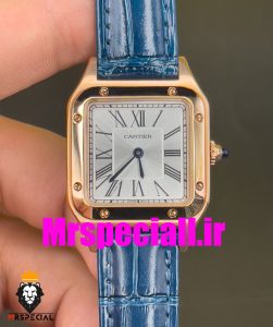 ساعت کارتیه زنانه دومونت بند چرم ابی قاب رزگلد صفحه سفید CARTIER Santos-Dumont watch 020684