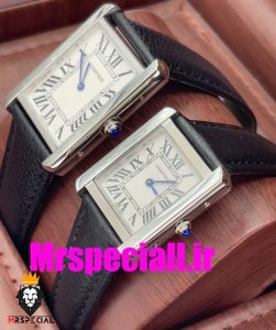 ساعت ست مردانه و زنانه کارتیه مدل تانک بند چرم مشکی صفحه سفید Cartier Tank 020659