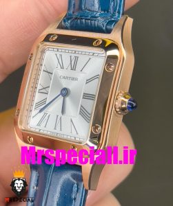 ساعت کارتیه زنانه دومونت بند چرم ابی قاب رزگلد صفحه سفید CARTIER Santos-Dumont watch 020684