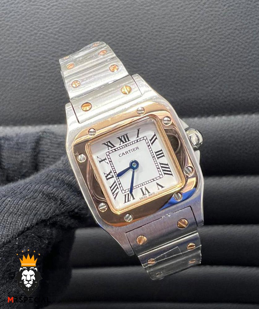 ساعت زنانه کارتیه سانتوس کوارتز دو رنگ رزگلد صفحه سفید 01787 Cartier Santos