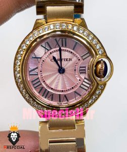 ساعت زنانه کارتیه مدل بالن بلو بند استیل رزگلد صفحه صورتی قاب نگین cartier ballon bleu 020910 