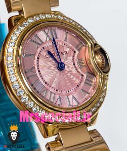 ساعت زنانه کارتیه مدل بالن بلو بند استیل رزگلد صفحه صورتی قاب نگین cartier ballon bleu 020910 