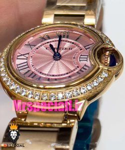 ساعت زنانه کارتیه مدل بالن بلو بند استیل رزگلد صفحه صورتی قاب نگین cartier ballon bleu 020910 
