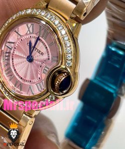 ساعت زنانه کارتیه مدل بالن بلو بند استیل رزگلد صفحه صورتی قاب نگین cartier ballon bleu 020910 