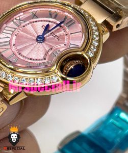ساعت زنانه کارتیه مدل بالن بلو بند استیل رزگلد صفحه صورتی قاب نگین cartier ballon bleu 020910 