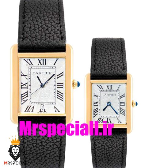 ساعت ست مردانه و زنانه کارتیه مدل تانک بند چرم مشکی صفحه سفید قاب طلایی Cartier Tank 020699