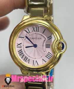 ساعت زنانه کارتیه مدل بالن بلو بند استیل طلایی صفحه صورتی cartier ballon bleu 020914 