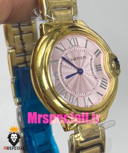 ساعت زنانه کارتیه مدل بالن بلو بند استیل طلایی صفحه صورتی cartier ballon bleu 020914 