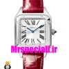 ساعت کارتیه زنانه دومونت بند چرم قرمز قاب استیل صفحه سفید CARTIER Santos-Dumont watch 020681