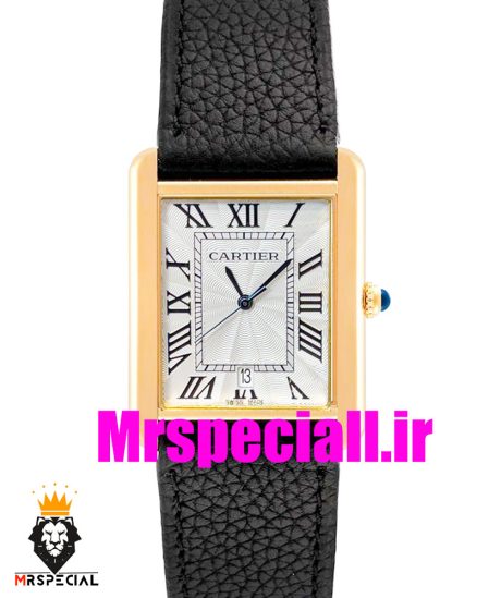 ساعت کارتیه مردانه مدل تانک بند چرم قاب طلایی صفحه سفید Cartier Tank 020700