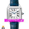 ساعت کارتیه زنانه دومونت بند چرم ابی قاب استیل صفحه سفید CARTIER Santos-Dumont watch 020682