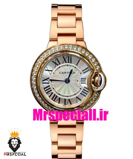 ساعت زنانه کارتیه مدل بالن بلو بند استیل رزگلد صفحه سفید قاب نگین cartier ballon bleu 020909