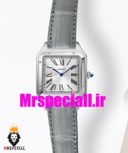 ساعت کارتیه زنانه دومونت بند چرم قاب استیل صفحه سفید CARTIER Santos-Dumont watch 020679 