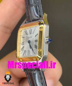 ساعت کارتیه زنانه دومونت بند چرم دورنگ طلایی صفحه سفید CARTIER Santos-Dumont watch 01843