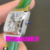 ساعت کارتیه زنانه دومونت بند چرم سبز قاب استیل صفحه سفید CARTIER Santos-Dumont watch 020680