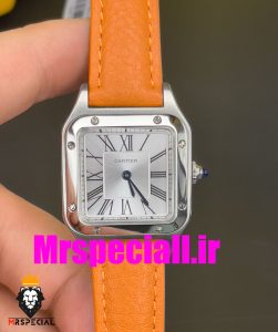 ساعت کارتیه زنانه دومونت بند چرم نارنجی قاب استیل صفحه سفید CARTIER Santos-Dumont watch 020688