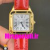 ساعت کارتیه زنانه دومونت بند چرم قرمز قاب طلایی صفحه سفید CARTIER Santos-Dumont watch 020685
