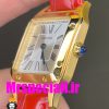 ساعت کارتیه زنانه دومونت بند چرم قرمز قاب طلایی صفحه سفید CARTIER Santos-Dumont watch 020685