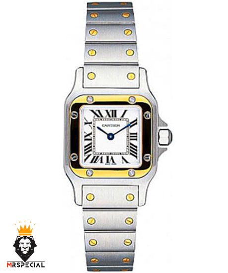 ساعت زنانه کارتیه سانتوس کوارتز دو رنگ طلایی صفحه سفید 01786 Cartier Santos