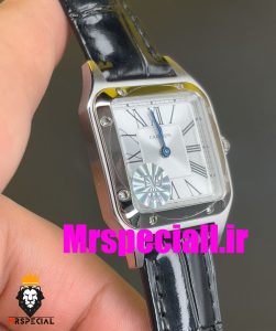 ساعت کارتیه زنانه دومونت بند چرم مشکی قاب استیل صفحه سفید CARTIER Santos-Dumont watch 020687