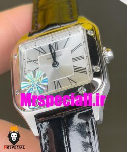 ساعت کارتیه زنانه دومونت بند چرم مشکی قاب استیل صفحه سفید CARTIER Santos-Dumont watch 020687