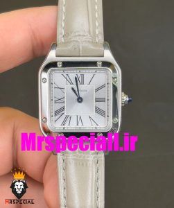 ساعت کارتیه زنانه دومونت بند چرم قاب استیل صفحه سفید CARTIER Santos-Dumont watch 020679 