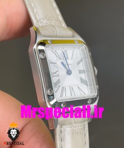 ساعت کارتیه زنانه دومونت بند چرم قاب استیل صفحه سفید CARTIER Santos-Dumont watch 020679 