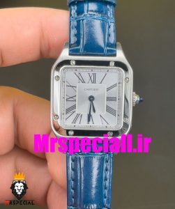 ساعت کارتیه زنانه دومونت بند چرم ابی قاب استیل صفحه سفید CARTIER Santos-Dumont watch 020682