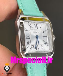 ساعت کارتیه زنانه دومونت بند چرم تیفانی قاب استیل صفحه سفید CARTIER Santos-Dumont watch 020686