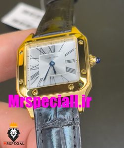 ساعت کارتیه زنانه دومونت بند چرم مشکی قاب طلایی صفحه سفید CARTIER Santos-Dumont watch 020689