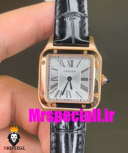 ساعت کارتیه زنانه دومونت بند چرم مشکی قاب رزگلد صفحه سفید CARTIER Santos-Dumont watch 020683