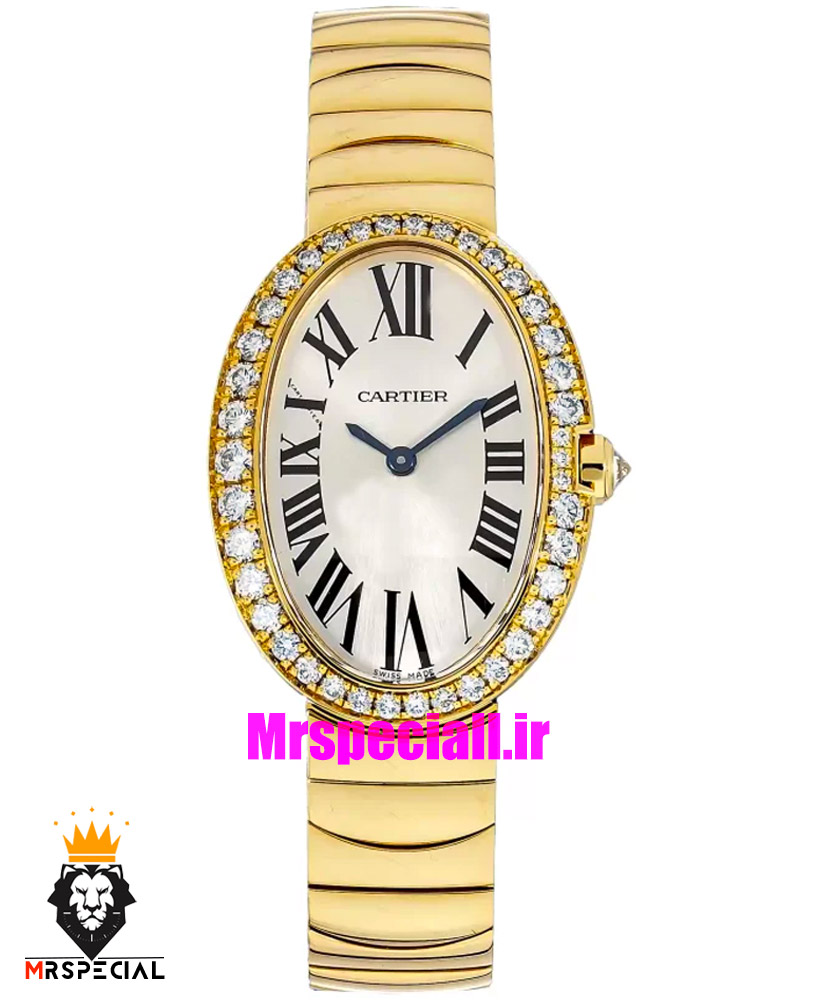 ساعت کارتیه مدل بایگنوایر زنانه دستبندی طلایی قاب نگین 021590 Cartier Baignoire