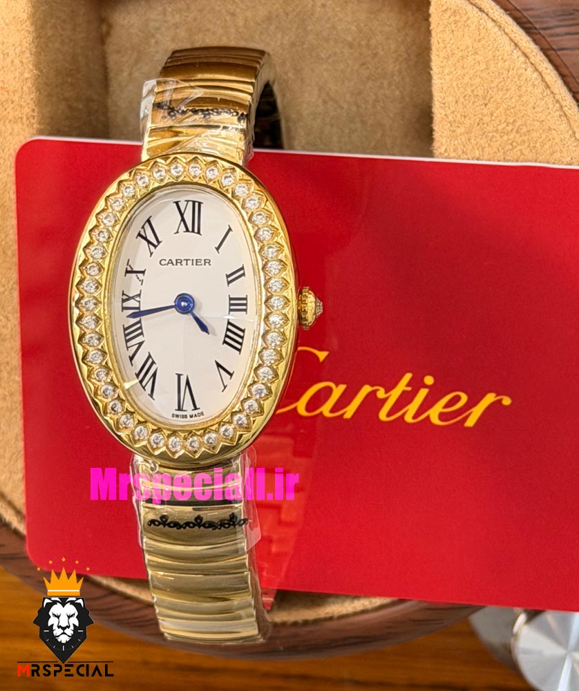 ساعت کارتیه مدل بایگنوایر زنانه دستبندی طلایی قاب نگین 021590 Cartier Baignoire