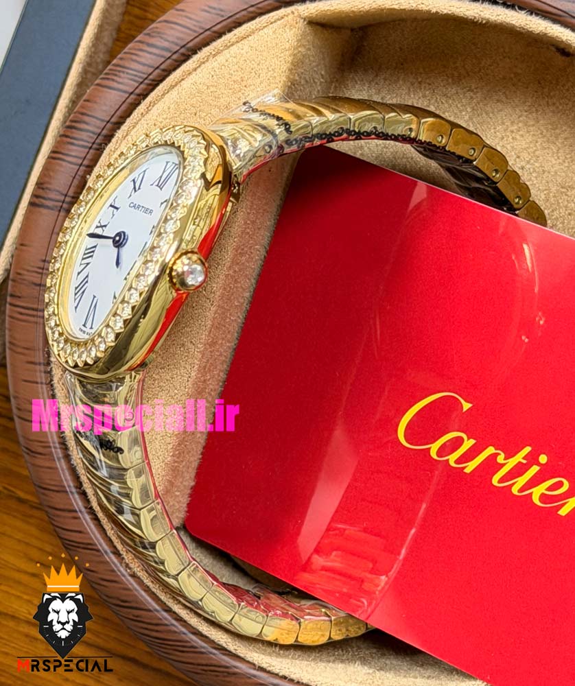 ساعت کارتیه مدل بایگنوایر زنانه دستبندی طلایی قاب نگین 021590 Cartier Baignoire