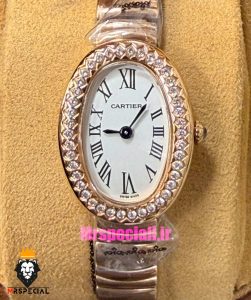 ساعت کارتیه مدل بایگنوایر زنانه دستبندی رزگلد قاب نگین 021589 Cartier Baignoire