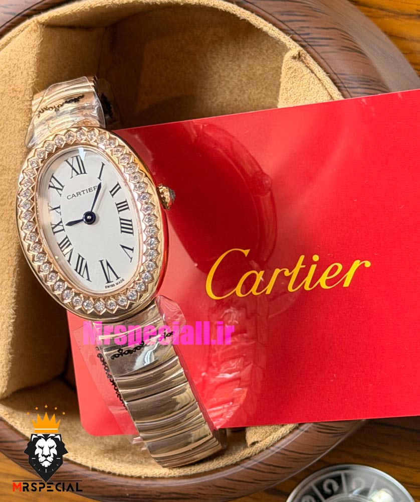ساعت کارتیه مدل بایگنوایر زنانه دستبندی رزگلد قاب نگین 021589 Cartier Baignoire