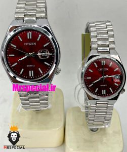 ساعت سیتیزن ست مردانه و زنانه مدل سویوسا کوارتز استیل صفحه قرمز 021323 CITIZEN TSUYOSA 