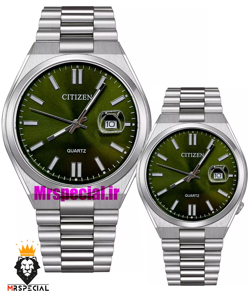 ساعت سیتیزن ست مردانه و زنانه مدل سویوسا کوارتز استیل صفحه سبز 021317 CITIZEN TSUYOSA