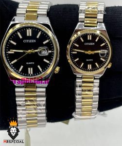 ساعت سیتیزن ست مردانه و زنانه مدل سویوسا کوارتز دورنگ طلایی صفحه مشکی 021326 CITIZEN TSUYOSA 