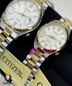 ساعت سیتیزن ست مردانه و زنانه مدل سویوسا کوارتز دورنگ طلایی صفحه سفید 020737 CITIZEN TSUYOSA