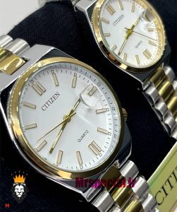 ساعت سیتیزن ست مردانه و زنانه مدل سویوسا کوارتز دورنگ طلایی صفحه سفید 020737 CITIZEN TSUYOSA