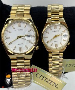 ساعت سیتیزن ست مردانه و زنانه مدل سویوسا کوارتز طلایی صفحه سفید 020736 CITIZEN TSUYOSA