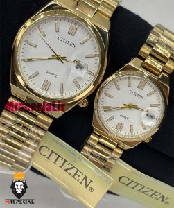 ساعت سیتیزن ست مردانه و زنانه مدل سویوسا کوارتز طلایی صفحه سفید 020736 CITIZEN TSUYOSA