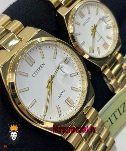 ساعت سیتیزن ست مردانه و زنانه مدل سویوسا کوارتز طلایی صفحه سفید 020736 CITIZEN TSUYOSA